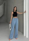 Beli Lastikli Palazzo Pantolon Orta Mavi Yüksek Bel Bol Paça Rahat Salaş Kadın Pantolon
