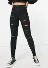 Yırtık Siyah Yüksek Bel Skinny Fit Jean Likralı Cepsiz Tayt Pantolon