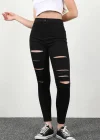 Yırtık Siyah Yüksek Bel Skinny Fit Jean Likralı Cepsiz Tayt Pantolon