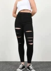Yırtık Siyah Yüksek Bel Skinny Fit Jean Likralı Cepsiz Tayt Pantolon