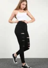 Yırtık Siyah Yüksek Bel Skinny Fit Jean Likralı Cepsiz Tayt Pantolon