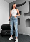 Premium Likrasız Denim Yırtık Mavi Mom Jeans