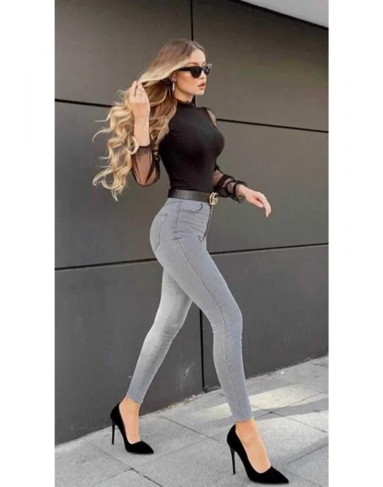 Gri Renk Yüksek Bel Likralı Skinny Jeans Toparlayıcı Pantolon