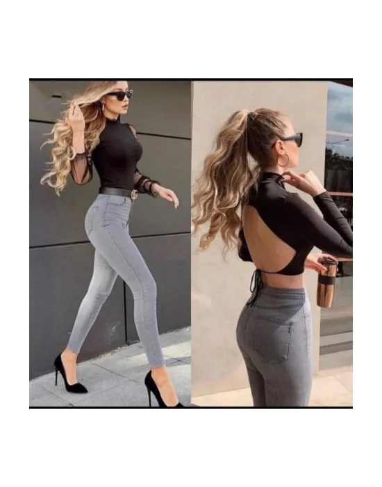 Gri Renk Yüksek Bel Likralı Skinny Jeans Toparlayıcı Pantolon