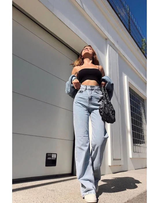Kadın Açık Mavi Yüksek Bel Geniş Paça Kar Yıkama Bol Salaş Denim Palazzo Jeans