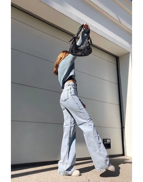 Kadın Açık Mavi Yüksek Bel Geniş Paça Kar Yıkama Bol Salaş Denim Palazzo Jeans