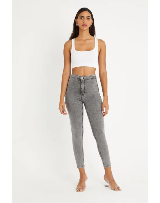 Füme Yüksek Bel Skinny Jean Önü Cepsiz Pantolon
