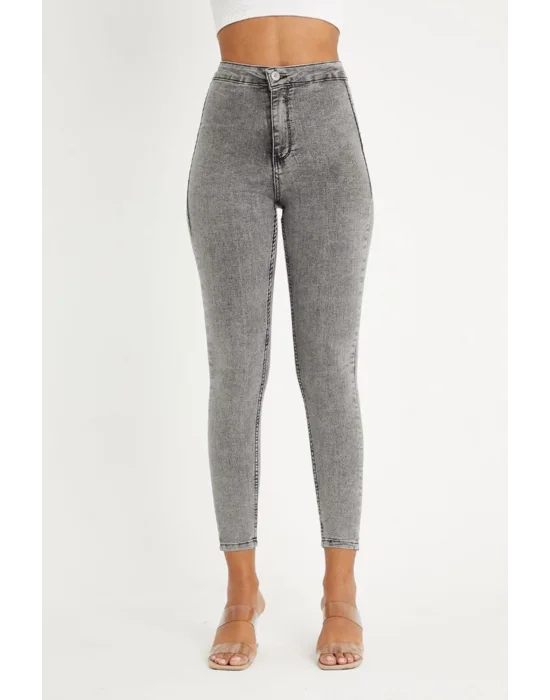 Füme Yüksek Bel Skinny Jean Önü Cepsiz Pantolon