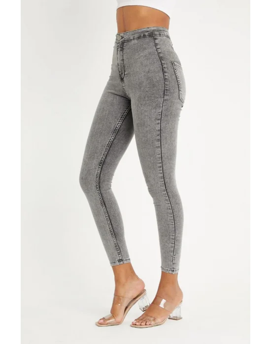 Füme Yüksek Bel Skinny Jean Önü Cepsiz Pantolon
