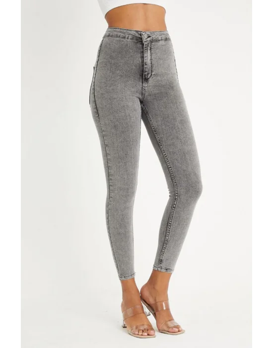 Füme Yüksek Bel Skinny Jean Önü Cepsiz Pantolon