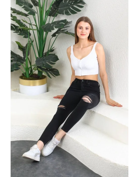 Füme Diz Yırtık Yüksek Bel Pantolon Skinny Jeans