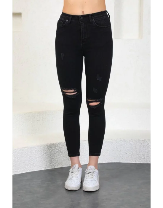 Füme Diz Yırtık Yüksek Bel Pantolon Skinny Jeans