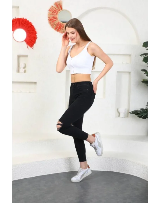 Füme Diz Yırtık Yüksek Bel Pantolon Skinny Jeans