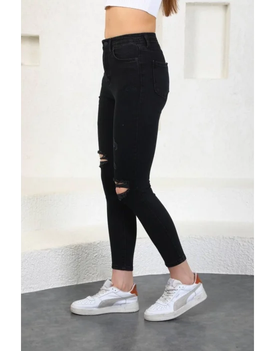 Füme Diz Yırtık Yüksek Bel Pantolon Skinny Jeans