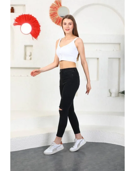 Füme Diz Yırtık Yüksek Bel Pantolon Skinny Jeans