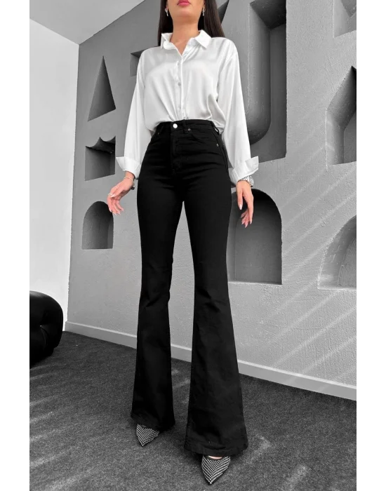 Yüksek Bel Ispanyol Paça Siyah Jeans Kot Pantolon