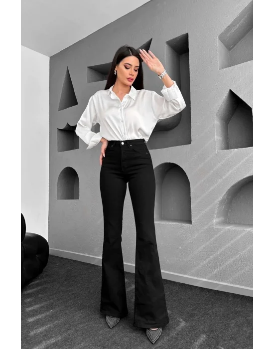 Yüksek Bel Ispanyol Paça Siyah Jeans Kot Pantolon