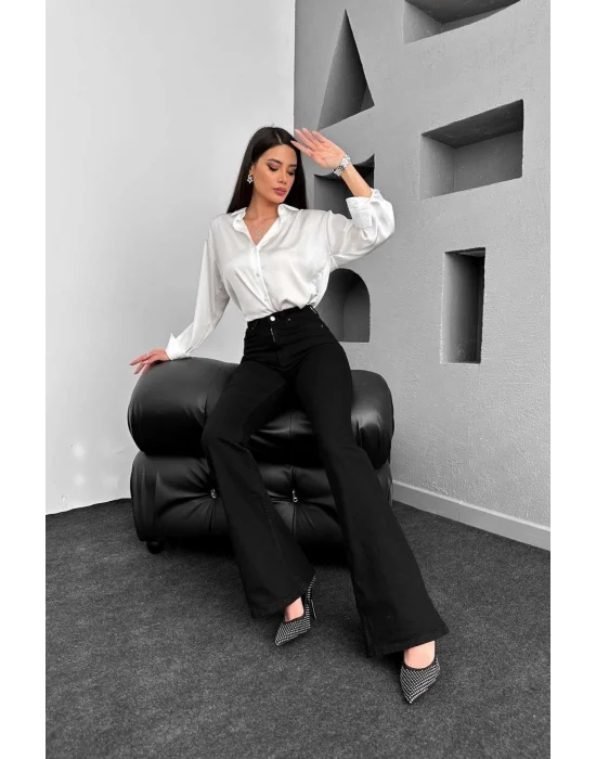 Yüksek Bel Ispanyol Paça Siyah Jeans Kot Pantolon