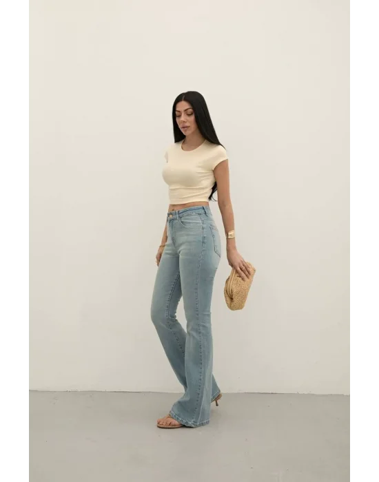 Light Blue Premium Yüksek Bel Bronz Düğmeli İspanyol Paça Jeans