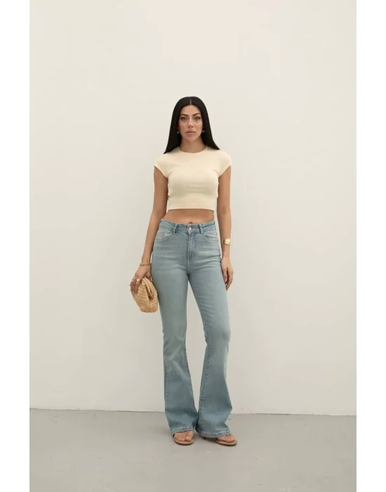 Light Blue Premium Yüksek Bel Bronz Düğmeli İspanyol Paça Jeans