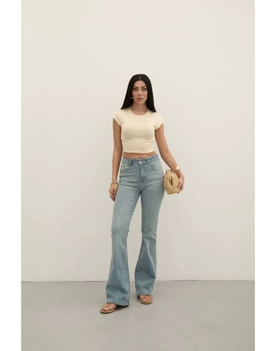 Light Blue Premium Yüksek Bel Bronz Düğmeli İspanyol Paça Jeans