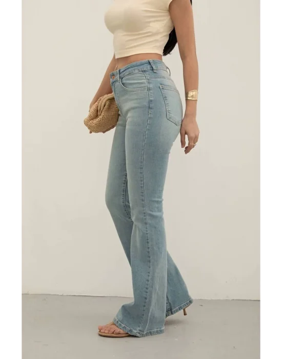 Light Blue Premium Yüksek Bel Bronz Düğmeli İspanyol Paça Jeans