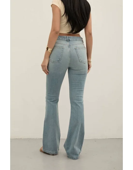 Light Blue Premium Yüksek Bel Bronz Düğmeli İspanyol Paça Jeans