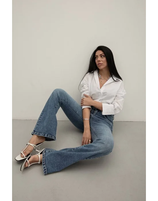 Dark Blue Premium Yüksek Bel Bronz Düğmeli İspanyol Paça Jeans