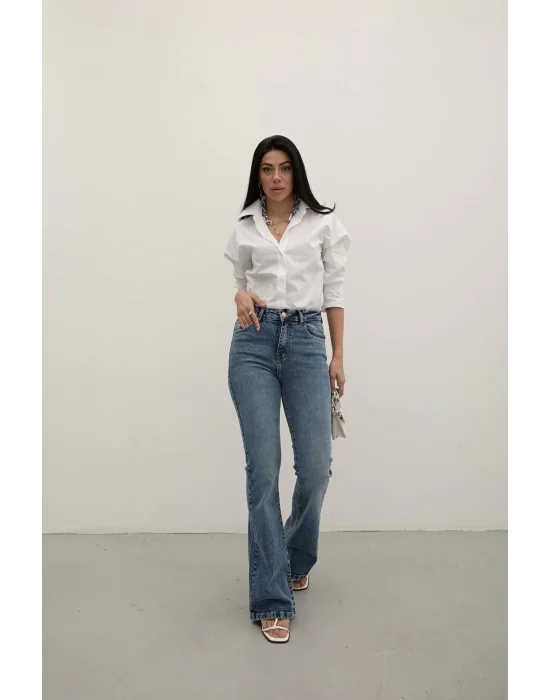 Dark Blue Premium Yüksek Bel Bronz Düğmeli İspanyol Paça Jeans