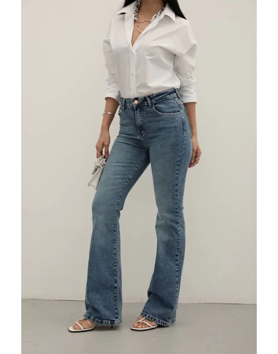 Dark Blue Premium Yüksek Bel Bronz Düğmeli İspanyol Paça Jeans