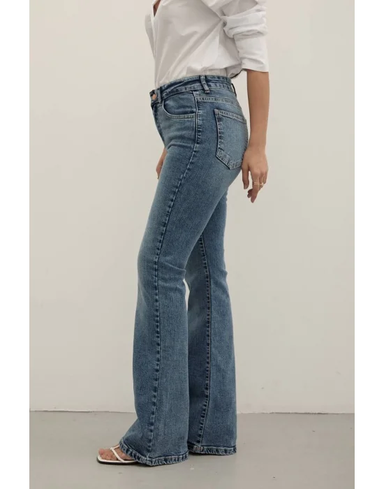 Dark Blue Premium Yüksek Bel Bronz Düğmeli İspanyol Paça Jeans