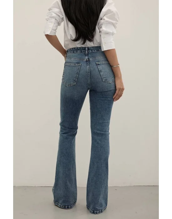 Dark Blue Premium Yüksek Bel Bronz Düğmeli İspanyol Paça Jeans