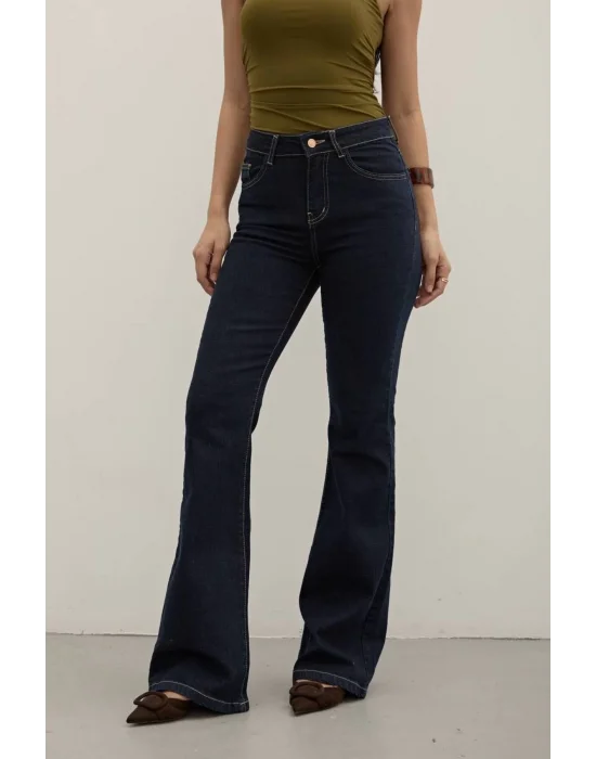 Lacivert Premium Yüksek Bel Bronz Düğmeli İspanyol Paça Jeans