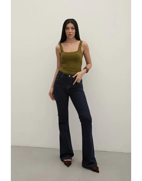 Lacivert Premium Yüksek Bel Bronz Düğmeli İspanyol Paça Jeans