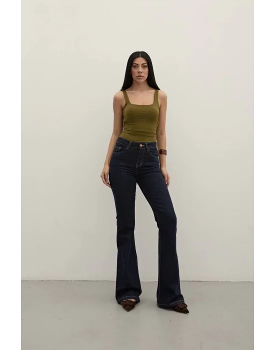 Lacivert Premium Yüksek Bel Bronz Düğmeli İspanyol Paça Jeans