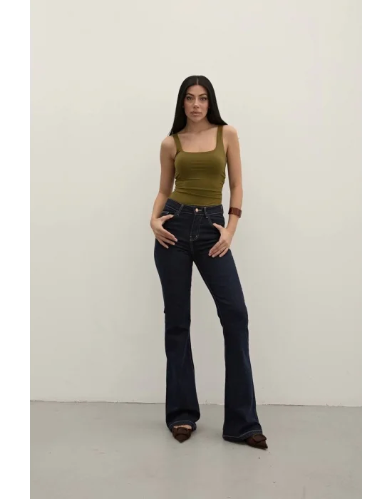 Lacivert Premium Yüksek Bel Bronz Düğmeli İspanyol Paça Jeans