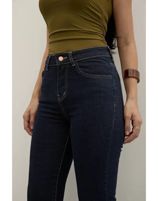 Lacivert Premium Yüksek Bel Bronz Düğmeli İspanyol Paça Jeans