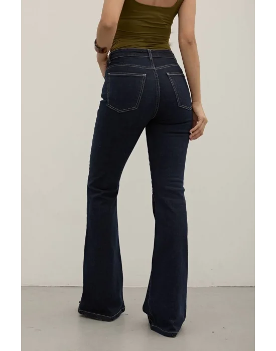 Lacivert Premium Yüksek Bel Bronz Düğmeli İspanyol Paça Jeans