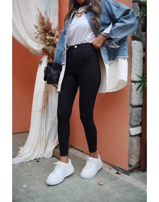 Siyah Yüksek Bel Skinny Fit Jean Likralı Önü Cepsiz Pantolon