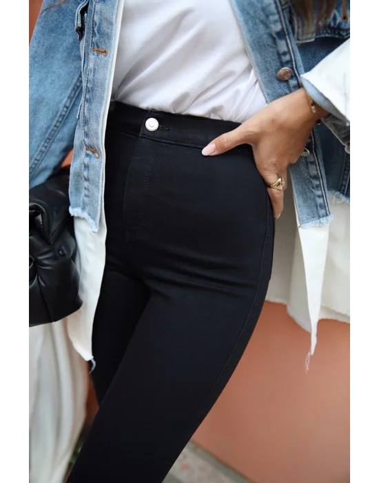 Siyah Yüksek Bel Skinny Fit Jean Likralı Önü Cepsiz Pantolon