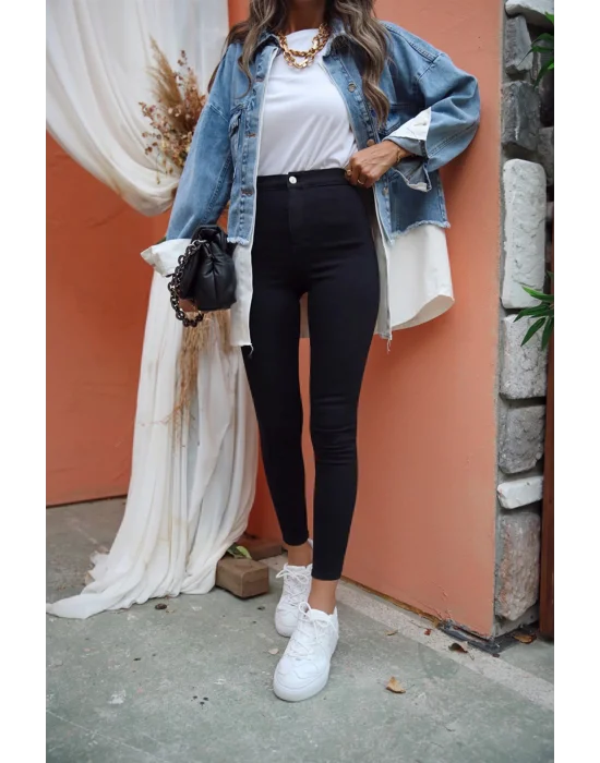 Siyah Yüksek Bel Skinny Fit Jean Likralı Önü Cepsiz Pantolon