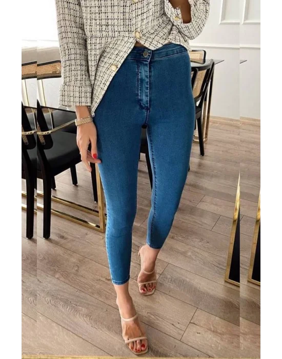 Indigo Mavi Yüksek Bel Skinny Fit Jean Likralı Önü Cepsiz Tayt Pantolon