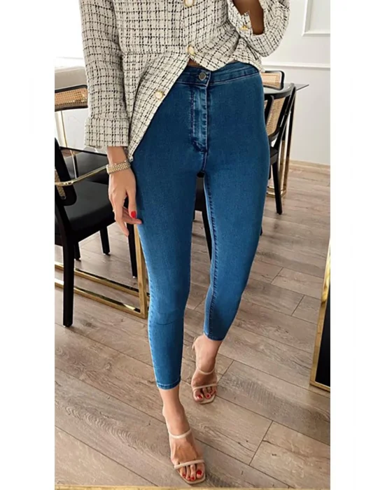 Indigo Mavi Yüksek Bel Skinny Fit Jean Likralı Önü Cepsiz Tayt Pantolon