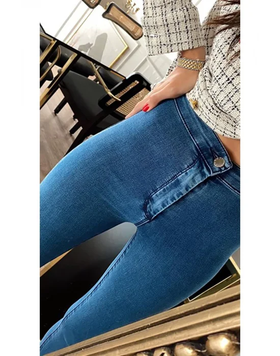 Indigo Mavi Yüksek Bel Skinny Fit Jean Likralı Önü Cepsiz Tayt Pantolon
