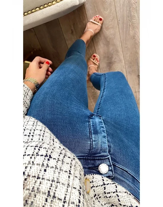 Indigo Mavi Yüksek Bel Skinny Fit Jean Likralı Önü Cepsiz Tayt Pantolon