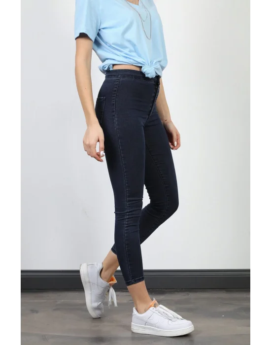 Lacivert Yüksek Bel Skinny Fit Jean Likralı Önü Cepsiz Tayt Pantolon