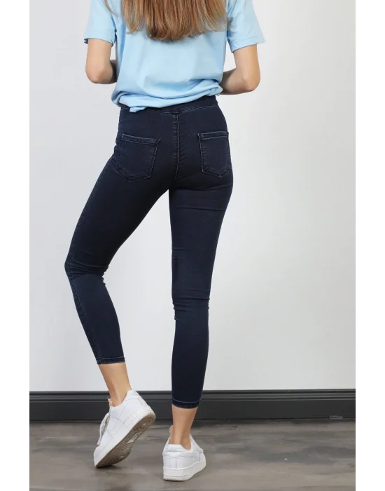 Lacivert Yüksek Bel Skinny Fit Jean Likralı Önü Cepsiz Tayt Pantolon