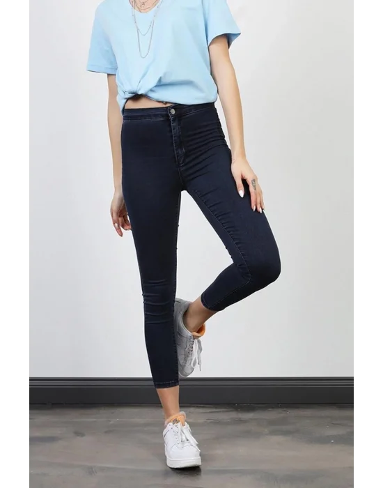 Lacivert Yüksek Bel Skinny Fit Jean Likralı Önü Cepsiz Tayt Pantolon
