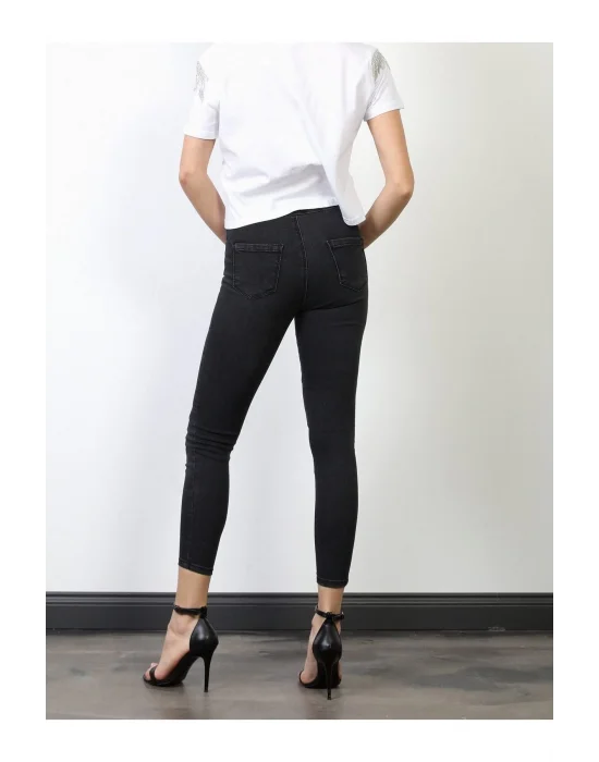 Füme Yüksek Bel Skinny Fit Jean Likralı Önü Cepsiz Tayt Pantolon