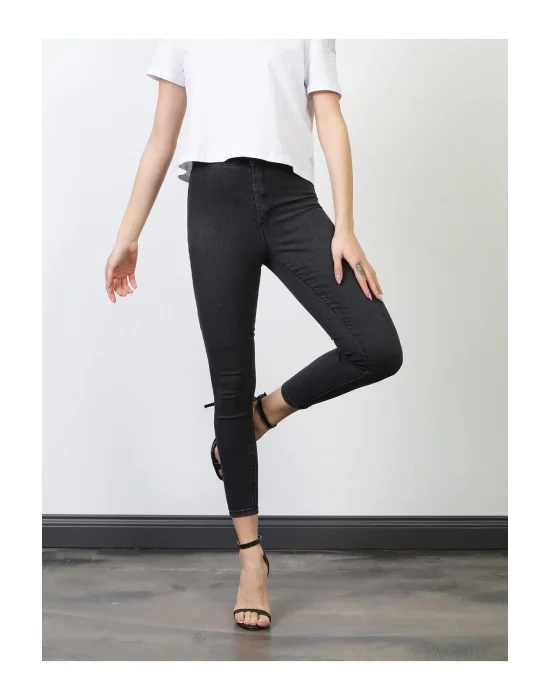 Füme Yüksek Bel Skinny Fit Jean Likralı Önü Cepsiz Tayt Pantolon